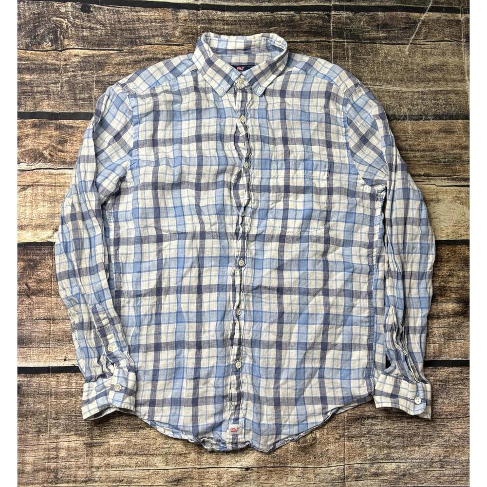 Vineyard Vines Shirt Men's Medium Linen Classic Fit Murray Plaid Button Down